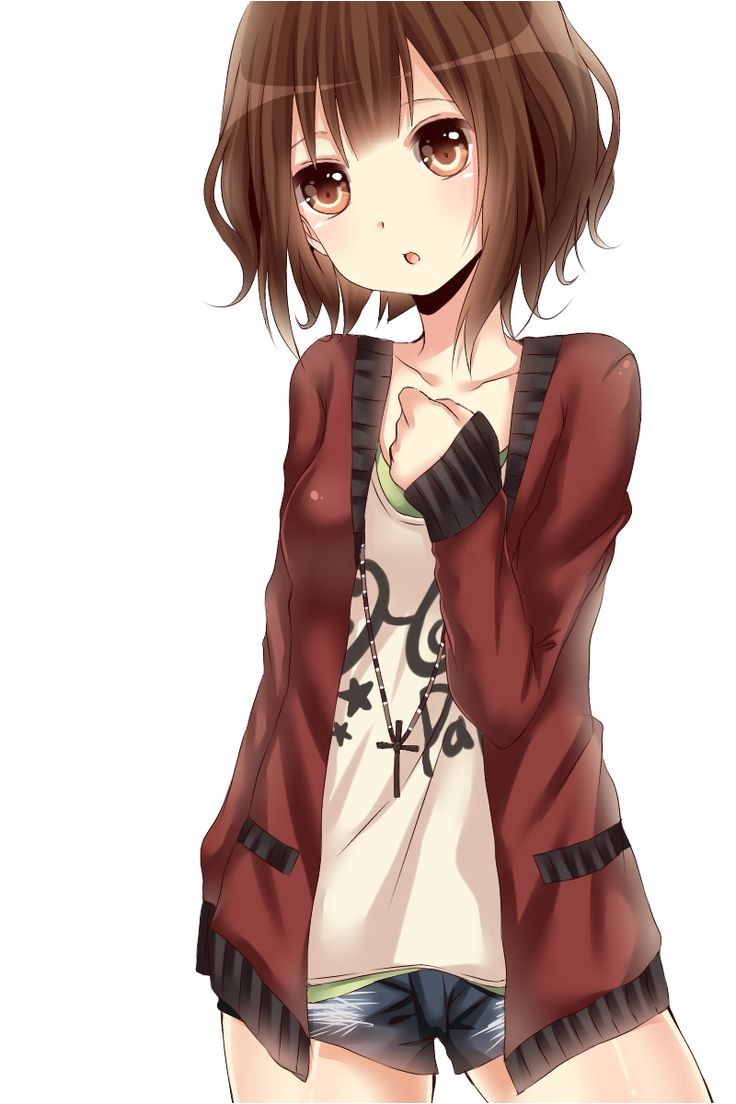 Kawaii Girl Hairstyles Anime Girl with Brown Hair Short Hair Brown Eyes Music Shirt Red