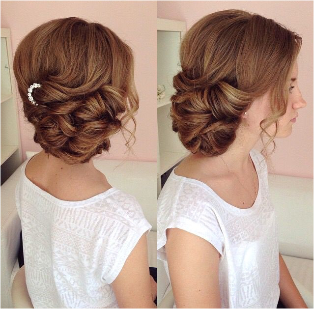 Formal Hairstyles Curls to the Side Side Swept Updo Draped Updo Wedding Hairstyles Bridal Hair Ideas