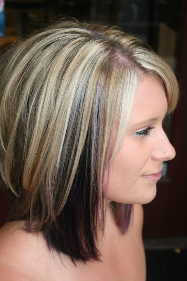 Hairstyles Blonde On Bottom Dark On top Highlights with Color Blocked Black and Purple Underneath Cute but