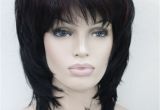 Chin Length Feathered Hairstyles Medium Length Black with Dark Burgundy Highlight Layered 15" Long