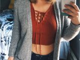 Easy Hairstyles for Jeans and top Long Bob Lob Cute Fall Outfit Maroon Lace Up Crop top and Xtra