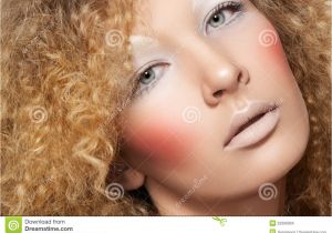 Hairstyles for Curly Hair and Big Nose Creative Style Model with Curly Hair Fun Make Up Stock