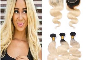 Hairstyles for Curly Roots Dark Root 1b 613 Blonde Ombre Peruvian Human Hair Weave Bundles with Closure Ombre Bleach Blonde Virgin Hair 3bundles with Lace Closure 4×4