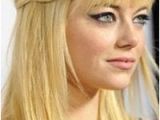 Hairstyles for Round Faces Prom Emma Stone Half Up Hairstyle with Dramatic Cat Eye and Full Bangs