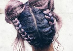 Hairstyles Like Space Buns Girl with Purple Hair and Pretty Hairstyle with Two Dutts