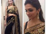 Hairstyles On Black Saree Black Saree with Gold Embroidered Design and Black Blouse Great