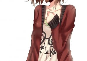 Kawaii Girl Hairstyles Anime Girl with Brown Hair Short Hair Brown Eyes Music Shirt Red