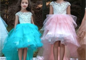 Little Girl Pageant Hairstyles 2018 Hi Lo Girls Pageant Dresses with Appliques Cap Sleeves Beaded