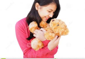 Long Hair Korean Girl asian Girl with Long Hair Smiling to Brown Teddy Bear In Her Arm
