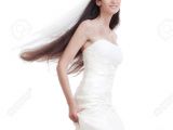 Wedding Hairstyles Strapless Dress Portrait Od A Bride with Long Dark Hair In Wedding Dress isolated