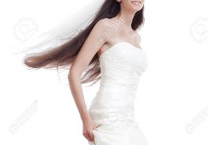 Wedding Hairstyles Strapless Dress Portrait Od A Bride with Long Dark Hair In Wedding Dress isolated